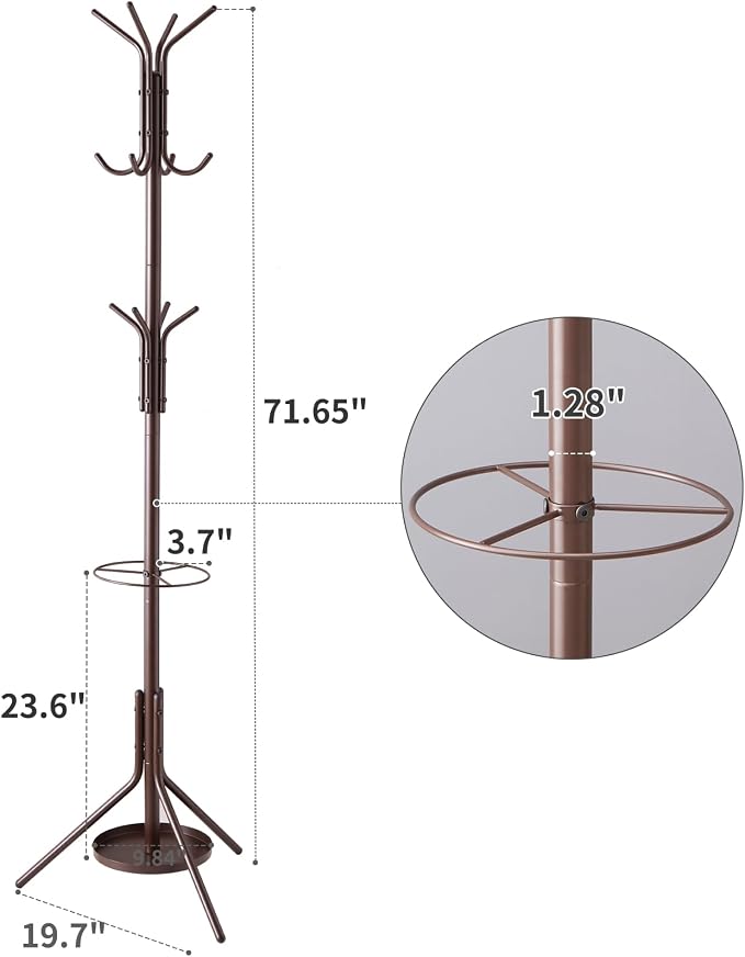 Kitsanery Coat Rack Freestanding,Metal Coat Tree with Umbrella Holder,Hat and Coat Rack Stand for Entryway, Hallway, Living Room, Bedroom (Brown)