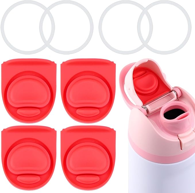 4 Sets Replacement Stopper and Ring Compatible with Owala FreeSip 24oz 32oz,Water Bottle Top Gasket Lid for Owala 16/19/24/32/40oz Seal Bottle Mouth Cap Stopper Silicone Parts Accessories（Red）