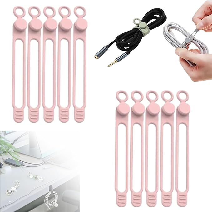 Silicone Cable Ties, Data Cable Organizer Reusable Cable Management Organizer, Multipurpose Elastic Cord Organizer for Bundling and Fastening Cable Cords Wires for Travel/Office/Home (Pink, 10Pack)