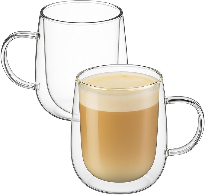 Glass Coffee Cups Set of 2, 13oz Double Walled Glass Mugs with Handles, Clear Insulated Coffee Mug Espresso Cups, Cappuccino Latte Tea Cups Set, Heat Resistant Borosilicate Clear Glasses