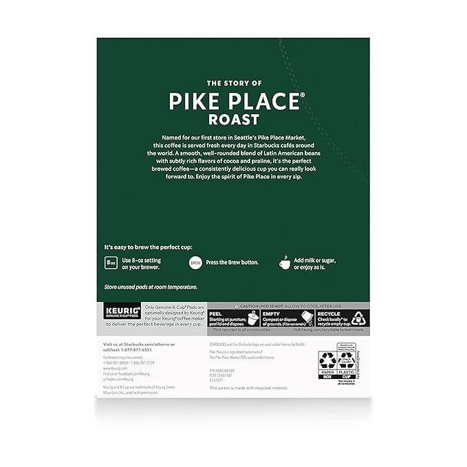 Starbucks Pike Place Roast K-Cups for Keurig, 1 Count (Pack of 72)