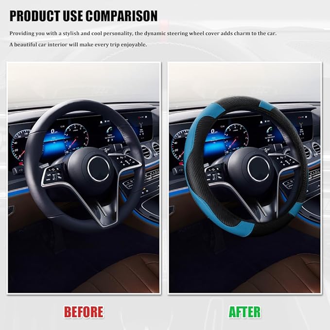 Car Steering Wheel Cover, Steering Wheel Cover Protector, 15 Inch Carbon Fiber Microfiber Leather Elastic Steering Wheel Protector, Car Steering Wheel Accessories for Vehicles (Black Blue)