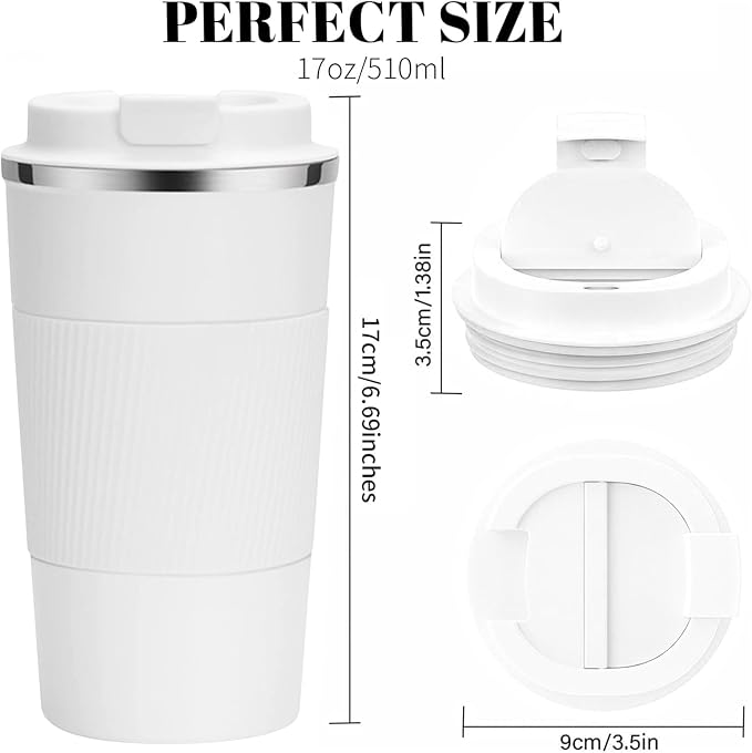 YINBAOGE Insulated Travel Coffee Mug, Spill & Leak Proof, Portable To Go Camping Stainless Steel Coffee Tumbler, Reusable Thermal Coffee Cup with Lid for Hot & Cold Drinks (White, 17 OZ)
