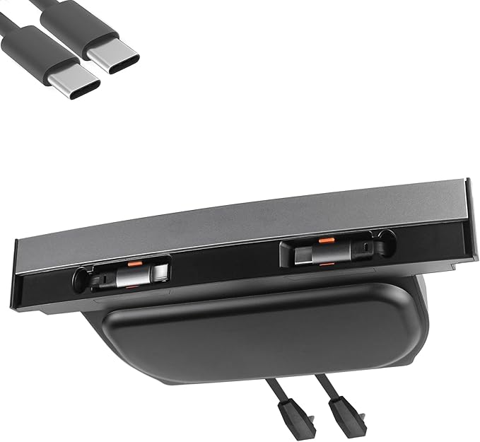 USB Charger Hub for Tesla Model Y 2021-2024 & Model 3 2021-2023 Accessories, Fast Charging Hub with Sliding Cover with 2 Type-C Retractable Cables (Not Fit Model 3 2024)