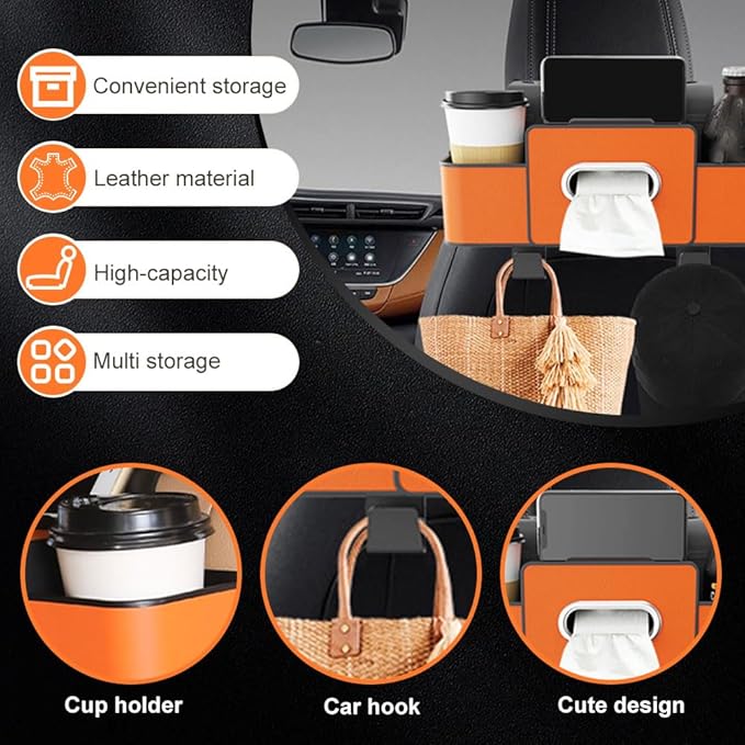 Cars Seat Back Bag, 2025 Upgrade Car Rear Backseat Extra Multifunctional Car Seat Back Storage Box, Multifunctional Car Seat Tissue Organizer with 2 Drink Cup Holder 2 Hooks (Beige)