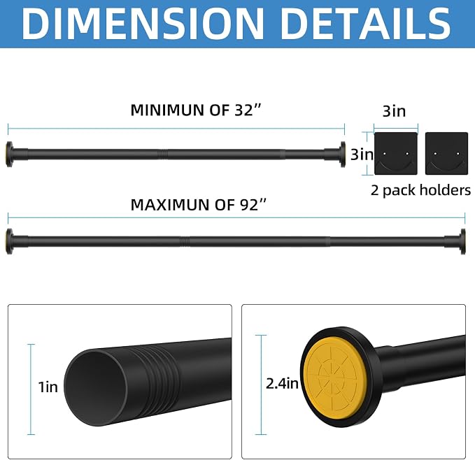 CorkLatta Matte Black Shower Curtain Rod,1 Inch Diameter Stainless Steel Adjustable Spring Tension Rods 32 to 92",with Holders,Anti-Slip,Curtain Rods No Drilling(1 Pack)
