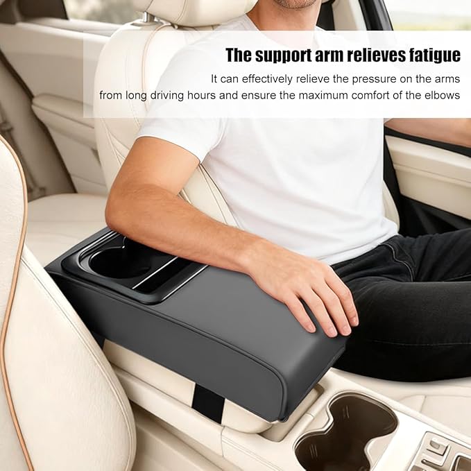 Car Center Console Armrest Pillow, Leather Vehicle Middle Console Protection Cushion with Cup & Phone Holder, Waterproof Automotive Arm Rest Box Cover Accessories, Universal Fit (Gray)