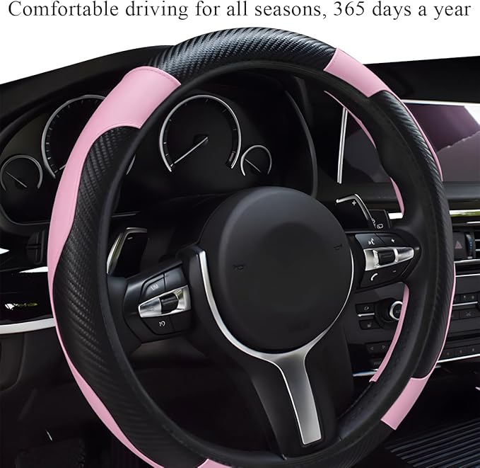 Elastic Steering Wheel Cover with Anti-Slip Lining - Microfiber Leather Carbon Fiber Steering Wheel Protector (Black + Pink)