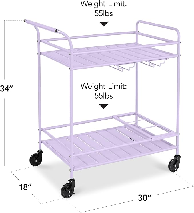 Best Choice Products Rolling Bar Cart, Mobile Home Bar Serving Cart, Serving Station w/ 2 Tier Shelves, Wine Rack, Lockable Wheels - Lavender