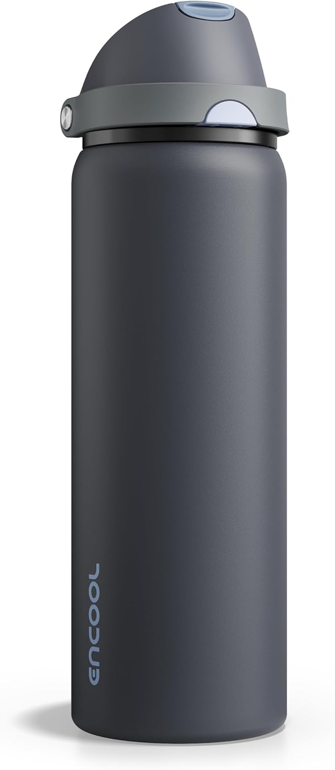 ENCOOL Insulated Water Bottle with Straw Stainless Steel Water Bottle with Push Button Lid, Leak-Proof & BPA-Free, Keeps Cold for 24 Hours for Sports, Travel, Gym (32 oz, Tuna Grey-Silver)