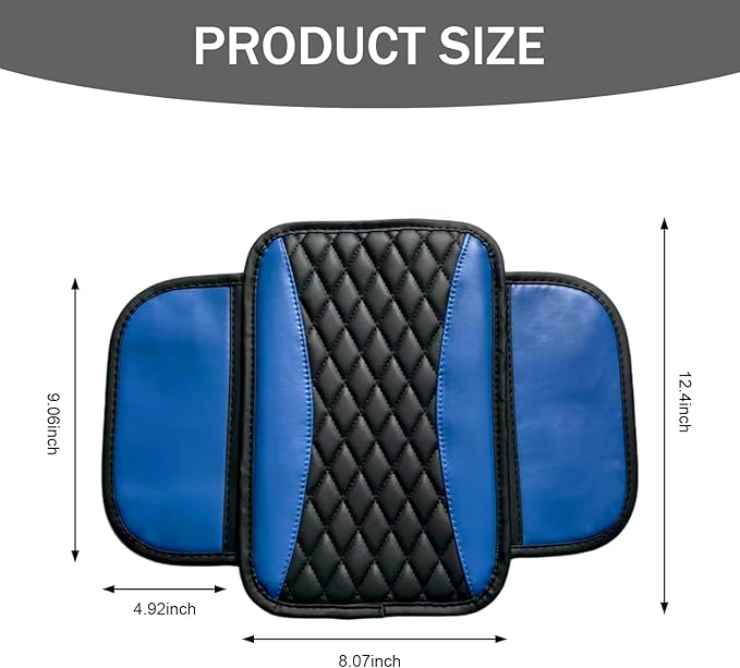 Car Center Console Cover, Patchwork Leather Armrest Cover Cushion with 2 Storage Bag, Waterproof Comfortable Auto Arm Rest Pad, Universal Center Console Protector for Sedan, SUV (Blue)