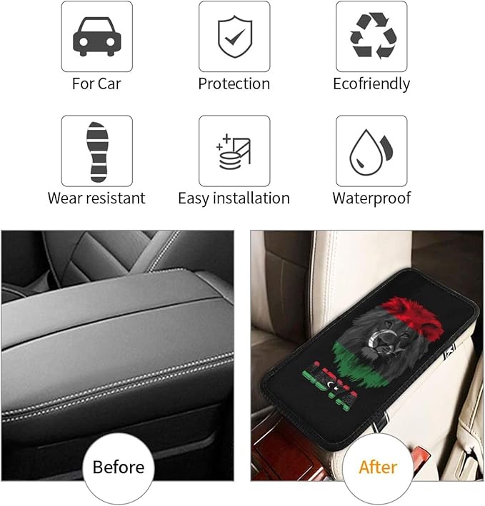 Vintage Libya Libyan Flag Lion Head Auto Center Console Armrest Cover Car Handrail Box Cushion Pad Mat Universal Fit Most Vehicle Sedan Truck SUV Soft Comfort Decor Accessories