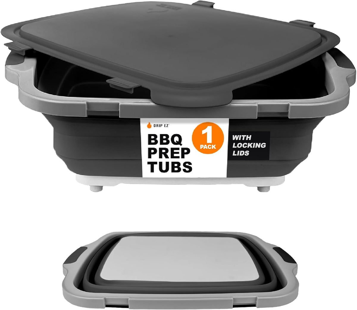 Drip EZ Collapsible BBQ Prep Tub - for Meal Prep Marinating Food Storage - Includes Cutting Board & Locking Lid - (1) XL - Black