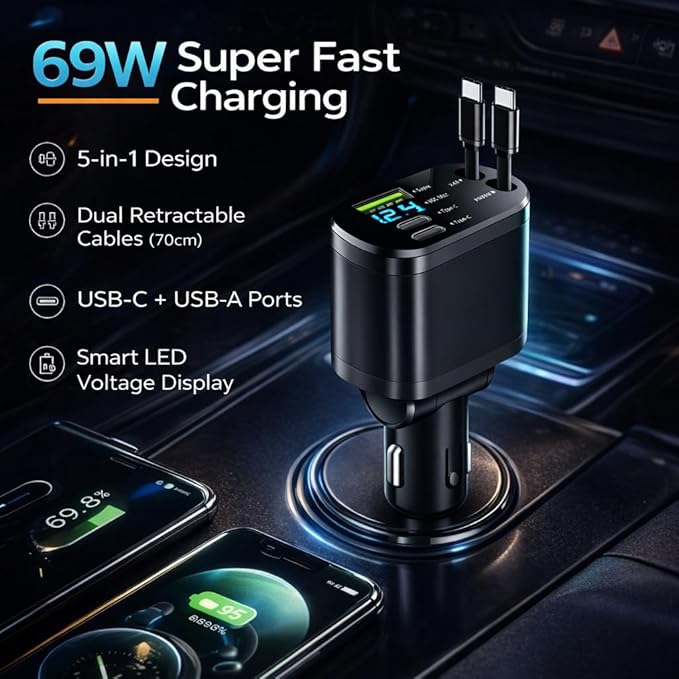 Mizi [2025 Upgraded] Retractable Car Charger 5 in 1, 69W Fast Charging with 2X Retractable Cords [Type-C], 2X Type-C & 1X Type-A Port for iPhone 16/15/14/13/12, Samsung, and More – Black