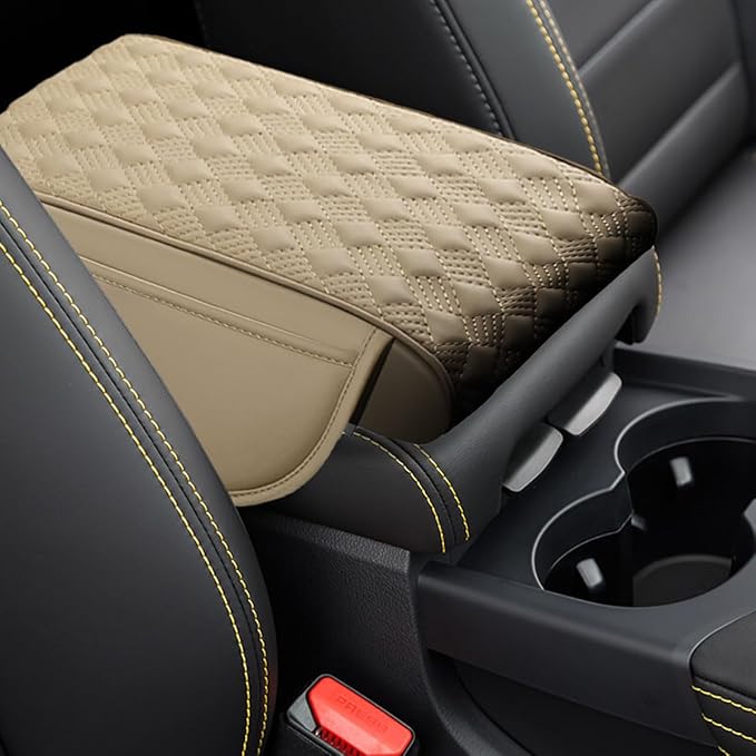 Car Center Console Cover with Storage Pocket, Waterproof Leather Car Armrest Cover Cushion Pad Distributes Elbow Stress, Non-Slip Middle Console Storage Box Covers for Most Vehicles (Beige)