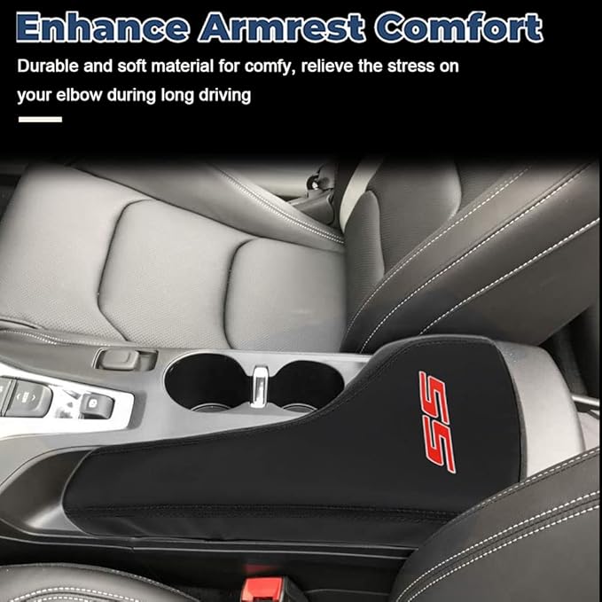BOYOUS Armrest Cover Center Console Pad Full Protection Console Leather Arm Rest Interior Accessories Fit for Chevrolet Camaro 2016-2024-Black Stitches
