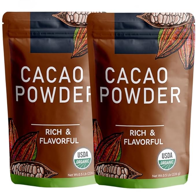 226g/2pack, Organic Cacao Powder, Unsweetened Cacao Powder With Rich Dark Chocolate Flavor, Perfect for Baking & Smoothies, Non-GMO, Certified Vegan & Gluten-Free