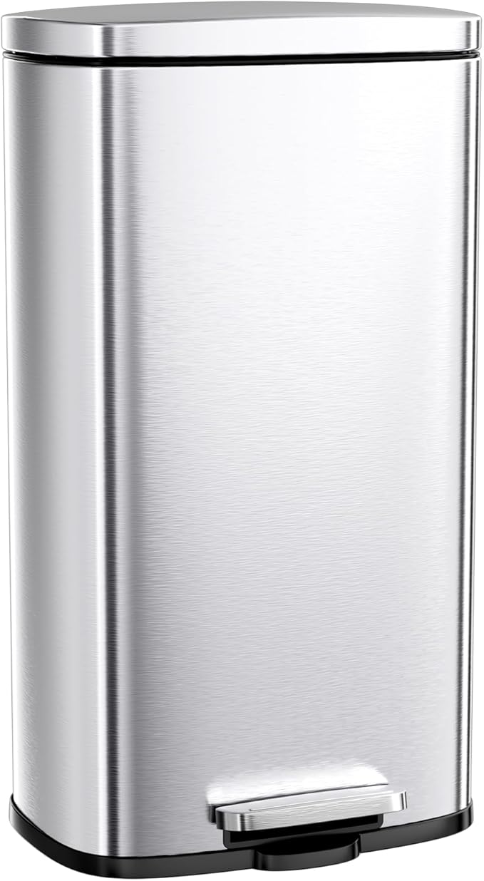 Arlopu 8 Gallon Step Trash Can, Stainless Steel Garbage Bin, Soft-Close Rubbish Bin with Removable Plastic Inner Bucket, Fingerprint-Proof, Lid Dustbin, Suit for Kitchen Home (Silver, 30L)