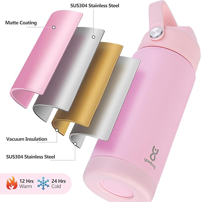 18oz Kids Insulated Water Bottle with Straw Lid & Silicone Handle,Kids Leak Proof Water Bottle for School Boys Girls,Double Wall Vacuum Stainless Steel with Non-slip Silicone Base(LightPink)