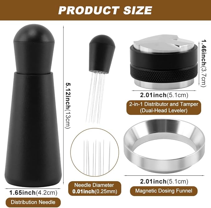 51mm Espresso Accessories Kit, 2-in-1 Coffee Distributor and Tamper Leveler, WDT Tool and Dosing Funnel Set Fits 51 mm Espresso Machines and Portafilters(SIZE:51mm)