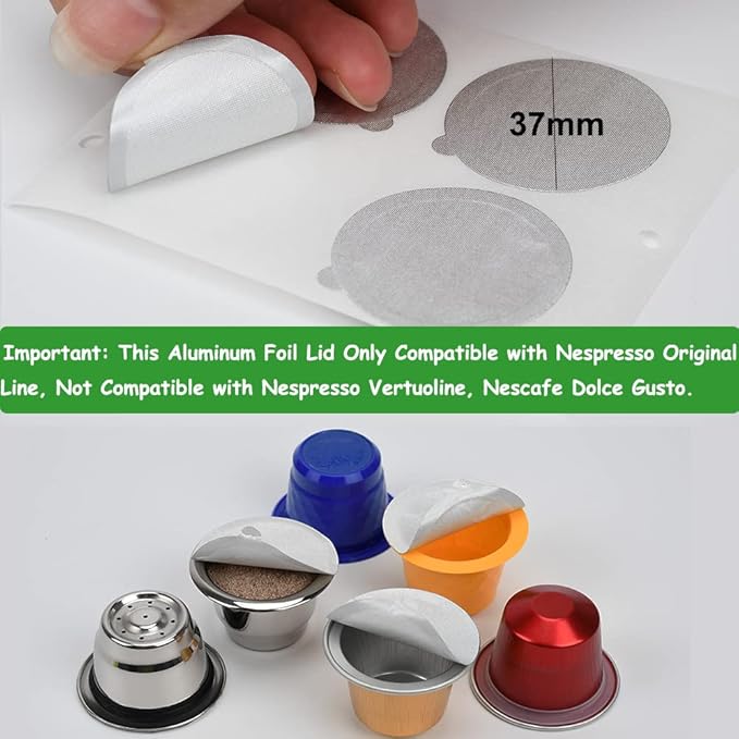 Aluminum Espresso Lids Foil Seals Stickers for Reusable Espresso Capsules Refillable Coffee Pods Stainless Steel Cups Filters Compatible with Nespresso Original Line Machines (100 Pcs Lids (37mm))