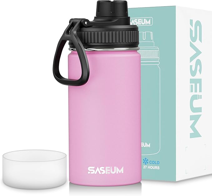 SASEUM Kids Sport Water Bottle 12oz Stainless Steel Double Wall Vacuum Thermal Mug with Leak Proof Spout Lids, Wide Mouth Metal Insulated Water Jug for Gym and Travel（Pink）