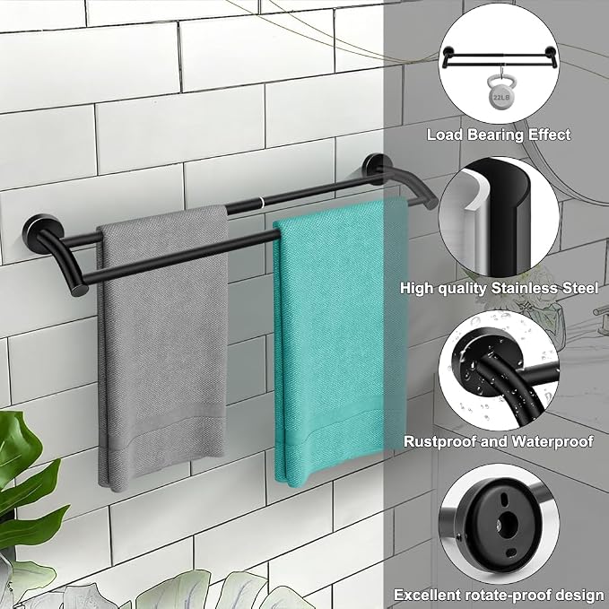 MGahyi Adjustable Double Towel Bar 14.5-24.8Inch, Matte Telescopic Stainless Steel Wall Mount Towel Holder, Rustproof Towel Rack for Bathroom Kitchen RV Laundry Hotel (Black, Double-Bar)