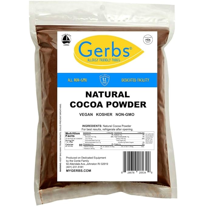 Gerbs Natural Cocoa Powder 2 lbs. | 10-12% Cocoa Butter Fat, Resealable Bag | Classic Unsweetened Cocoa | Top 14 Allergen-Free