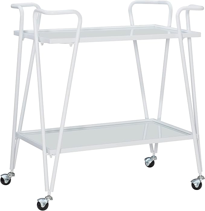 Gina White Mid-Century Bar Cart with Mirrored Shelves and Locking Wheels by Linon