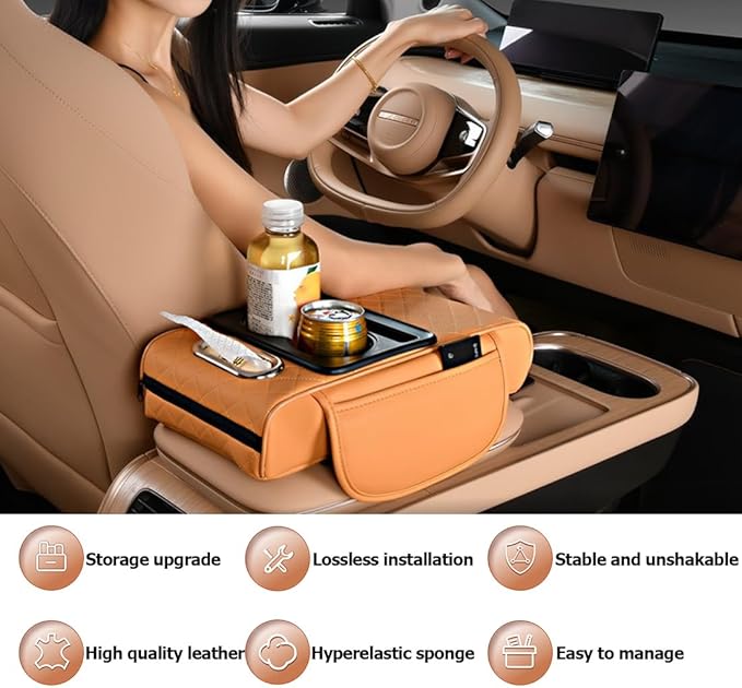 Car Armrest Cushion for SUV with Cup Holder 2.75" Height,5-in-1 Center Console Cover with 2 Storage Bags, Tissue Box Slot, Phone Slot for Sedans, Car Accessories Interior Organizers (Beige)