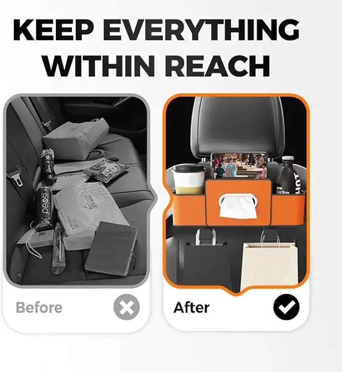 Multifunctional Car Organizers and Storage Box, 2026 New Backseat Car Organizer with Cup Holder, Tissue Box, Trash Bin & Hooks for Hold Phones, Snacks, Drinks, Handbags (Black)