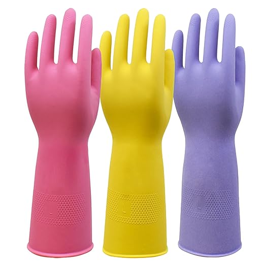 Rubber Kitchen Cleaning Gloves, Reusable Dishwashing Gloves, Non-Slip, with Flocked Liner, 3 Pairs (Pink+Yellow+Blue) (Medium)