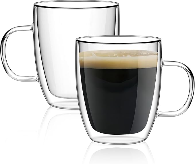 Double Wall Glass Coffee Mugs 350ml / 12oz – Set of 2 Insulated Clear Cups for Espresso, Latte, Cappuccino, Tea, Hot or Cold Drinks (12oz set of 2)