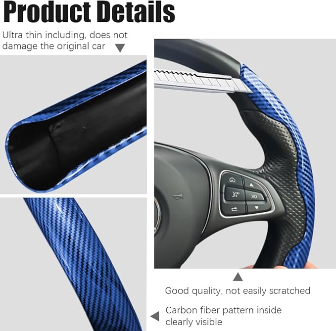 JDDRY Universal Car Steering Wheel Cover,Non-Slip Bright Carbon Fiber Steering Wheel Protector,Car Interior Accessories(Blue,3PC)