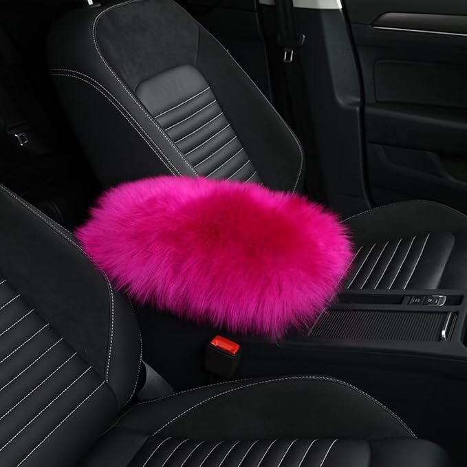 Wool Car Center Console Cover,Universal Fluffy Sheepskin Car Armrest Pad,Car Interior Accessory for Women Men,Armrest Cover Protector for Cars,Vehicles,SUV Hot Pink
