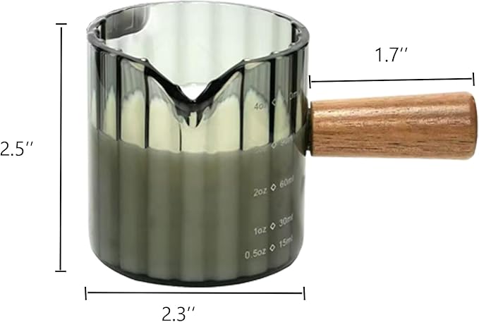 Espresso Cups Set of 2, 4 OZ Espresso Shot Glasses with Wood Handle, V-Shaped Spouts Cups, Ribbed Milk Frothing Pitcher, Glass Measuring Cup, Coffee Espresso Accessories, Demitasse Cups, Small (Gray)