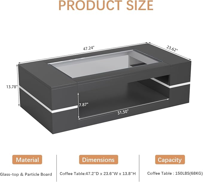 HedoAjim 47.2" Modern Stylish Coffee Table with Glass Table Top, Large Living Room Table Rectangular 2-Tier Center Tables with Storage, Wooden Cocktail Tea Tables for Dining Reception Room, Black