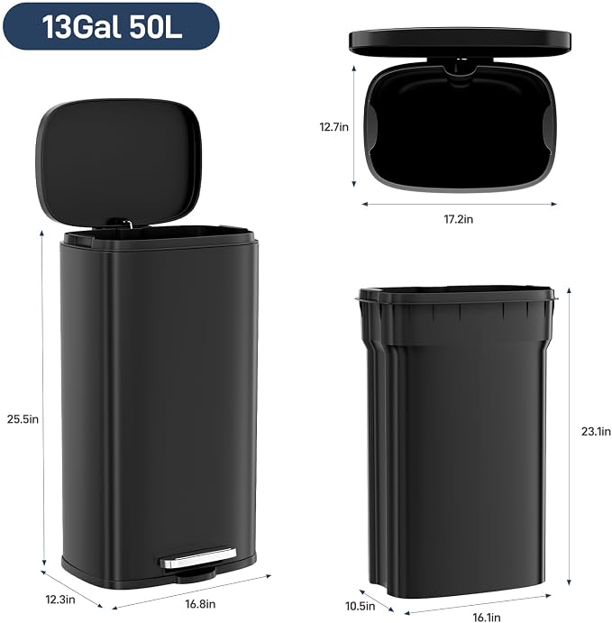 Arlopu13.2 Gallon Step Trash Can, Stainless Steel Garbage Bin, Soft-Close Rubbish Bin with Removable Plastic Inner Bucket, Fingerprint-Proof, Lid Dustbin, Suit for Kitchen Home (Black, 50L)