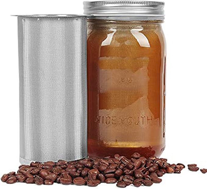 Cold Brew Coffee Maker Filter for 1Quart/32ounce Wide Mouth Mason Jar-Iced Coffee&Tea&Fruit Maker-Food grade 304 Stainless Steel coffee Filter-Free silicone seal gasket&Coffee Scoop.(Jar NOT Included)