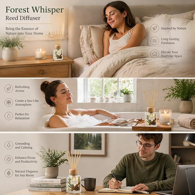 Fir Reed Diffuser, Woody Forest Home Fragrance for Bedroom Bathroom & Living Room, Long Lasting Essential Oil Diffuser Sticks up to 120 Days, Non Toxic Pet & Kid Friendly, IFRA Compliant, 3.4 FL OZ