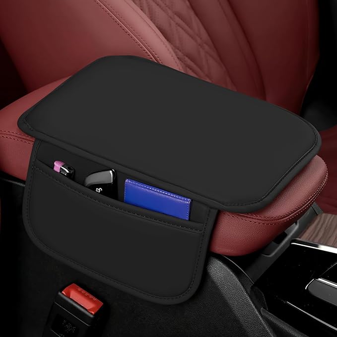 wuyaoyao Car Center Console Cover, Leather Memory Foam Armrest Cover Cushion with 2 Storage Bags, Universal Car Armrest Seat Box Pad Car Interior Accessories Protector for Most Vehicle (Black)