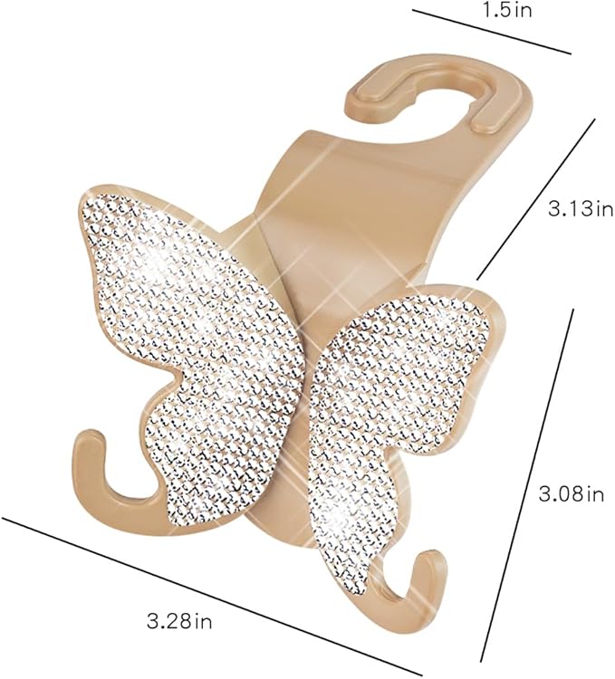 2 Pack Butterfly Bling Car Seat Headrest Hooks for Purses and Bags Aesthetic Design Car Hooks Rhinestones Hanger for Car Back Seat Organizer Storage Hook Bling Car Accessories（Light Brown）
