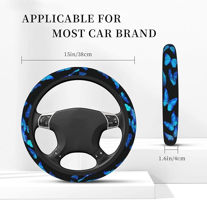 Blue Butterfly Steering Wheel Cover for Women Men Girls, Car Accessories Decor Thickened Anti-Slip Auto Steering Wheel Covers Protector Universal Fit 15 Inch for Cars, Truck, SUV