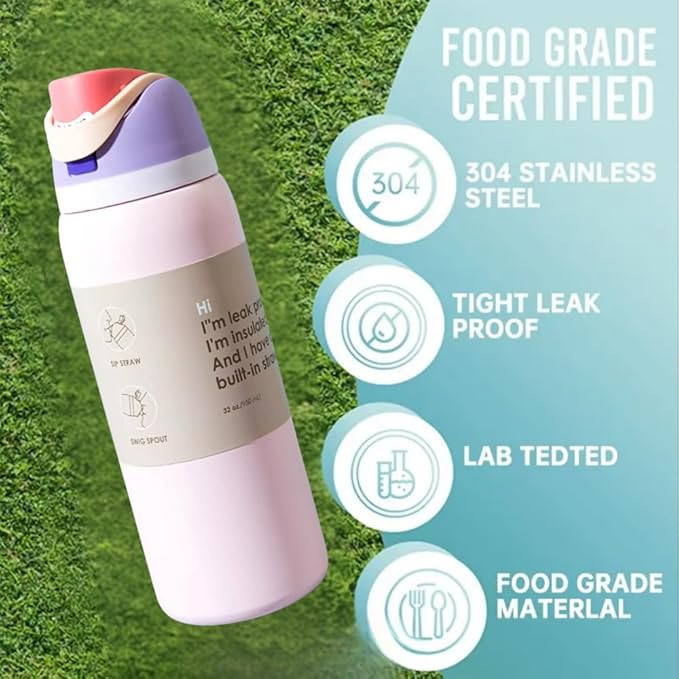 DUTHINGS Insulated Stainless Steel Water Bottle with Straw, 32 oz, Reusable Sports and Travel Bottle for School, Kids, and Outdoors - Leakproof and BPA-Free (LIGTH PINK)