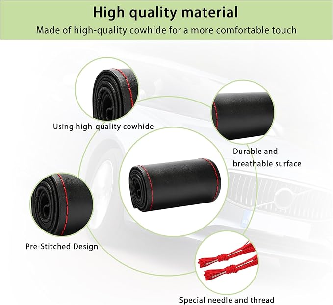 Kewucn Genuine Leather Steering Wheel Cover, 15" Universal Car Steering Wheel Protector with Needle Thread, Breathable Anti-Slip Steering Wheel Cover DIY Stitch on Wrap (Black & Red, Glossy)