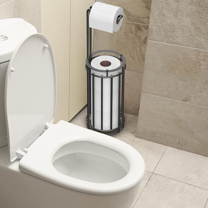 Meangood Toilet Paper Holder Stand and Tissue Paper Roll Dispenser for 4 Mega Rolls, Bathroom Free Standing Tissue Roll Storage Holder Rack, Detachable (Matte Black)