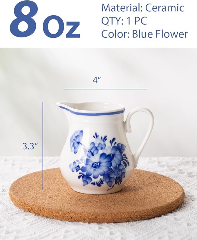 8Oz Creamer, Ceramic Milk Creamer Pitcher with Handle, Flowers