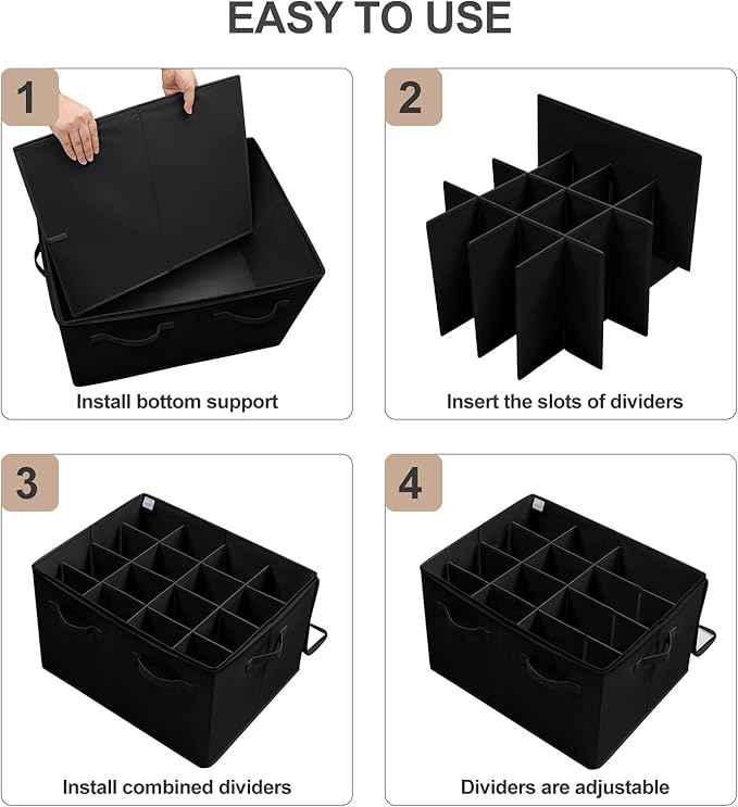 TOPIA HOME Shoe Organizer for Closet, Foldable Shoe Box with Adjustable Dividers and Clear Cover, Space Saving Shoe Storage Organizer Cabinet with Reinforced Handles, Fits 16 Pairs, Black, TP09B