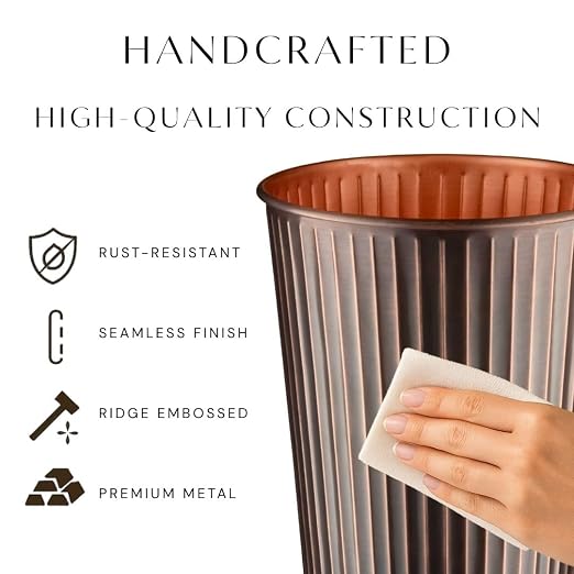 Monarch Abode Metal Bathroom Trash Can – Waste Basket for Bedroom, Office Desk, & Dorm, Handcrafted Ridge Embossed, Durable Decorative Antique Copper Small Trash Can Bathroom Garbage Bin Wastebasket