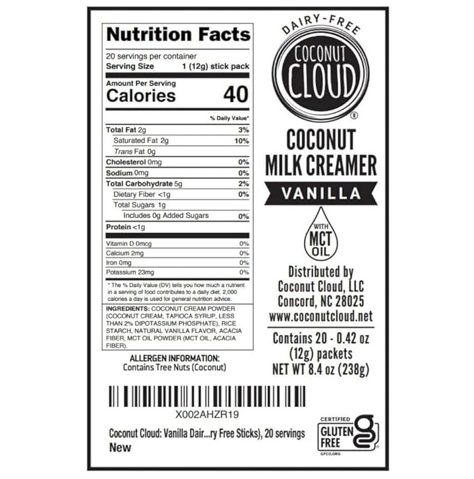 Coconut Cloud: Dairy-Free Coffee Creamer | Minimally Processed, Shelf Stable. Made from Coconut Powdered Milk. | Vegan, Gluten Free, Non-GMO. (Home, Office, Travel), Creamers (Vanilla - 20 Sticks)